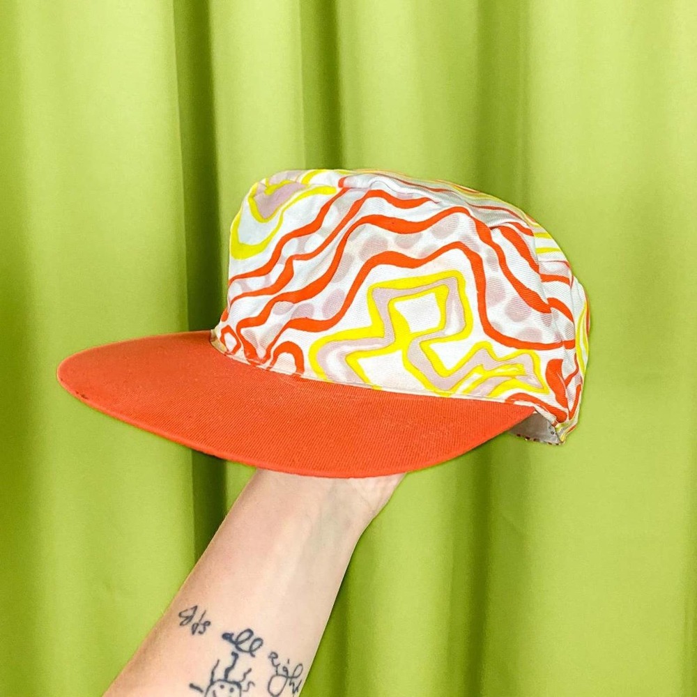 90s Vintage Orange, White and Tan Abstract Swirl Print Unstructured Cap